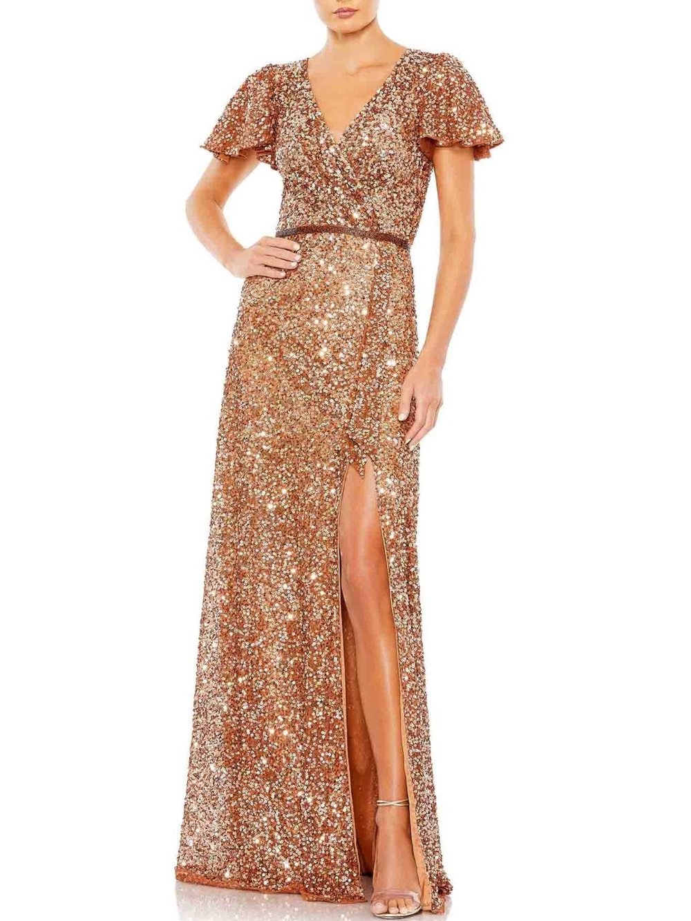Mac Duggal Copper Sequined Wrap Over Butterfly Sleeve Gown 5540 Size 16 NWT